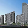 Modern High Rise Office Building Complex With Glass Curtain Walls And Urban Greenery