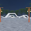 Modern Park Landscape With Orange Lamp Posts White Geometric Structures And Green Trees 3d model
