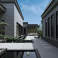 Modern Garden Landscape Featuring Courtyard Water Pool Pine Trees And Modern Architecture Facade 3d model