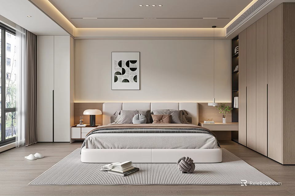 Modern Bedroom Interior Design With Bedhead Artwork Table Lamp Rug And Wooden Wardrobe 3d model 