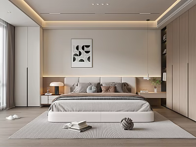 Modern Bedroom Interior Design With Bedhead Artwork Table Lamp Rug And Wooden Wardrobe 3d model