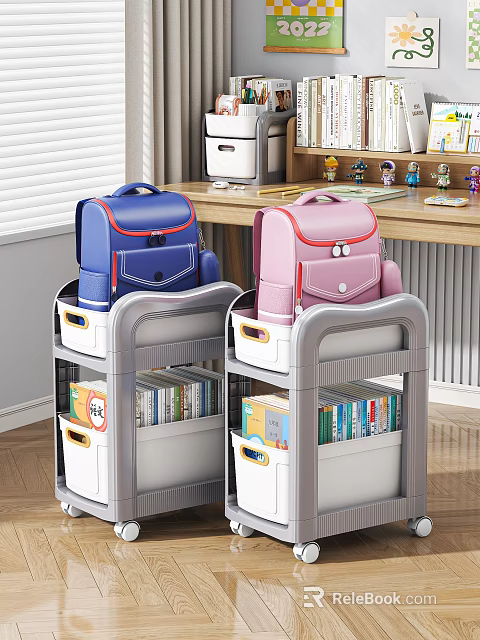 Two Tiered Storage Shelving Units with Blue Pink Backpacks and Organized Books in Compartments 3d model 
