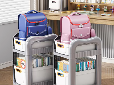 Two Tiered Storage Shelving Units with Blue Pink Backpacks and Organized Books in Compartments 3d model