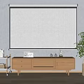Modern Wooden TV Stand With Projector Screen Wheeled Cart And Potted Plant In Living Room
