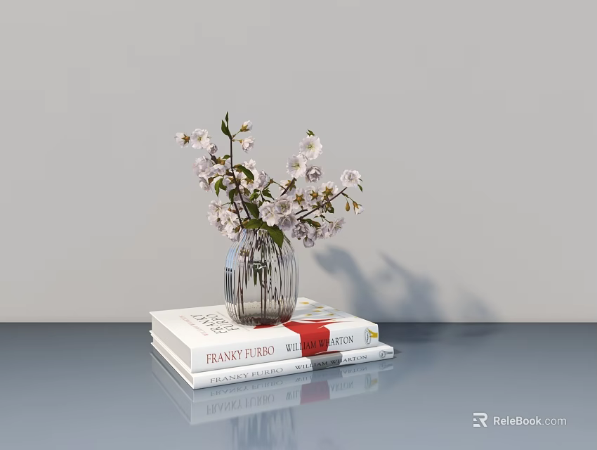 Glass Vase With Pink Flowers Placed On Furniture Books On Grey Table 3d model 