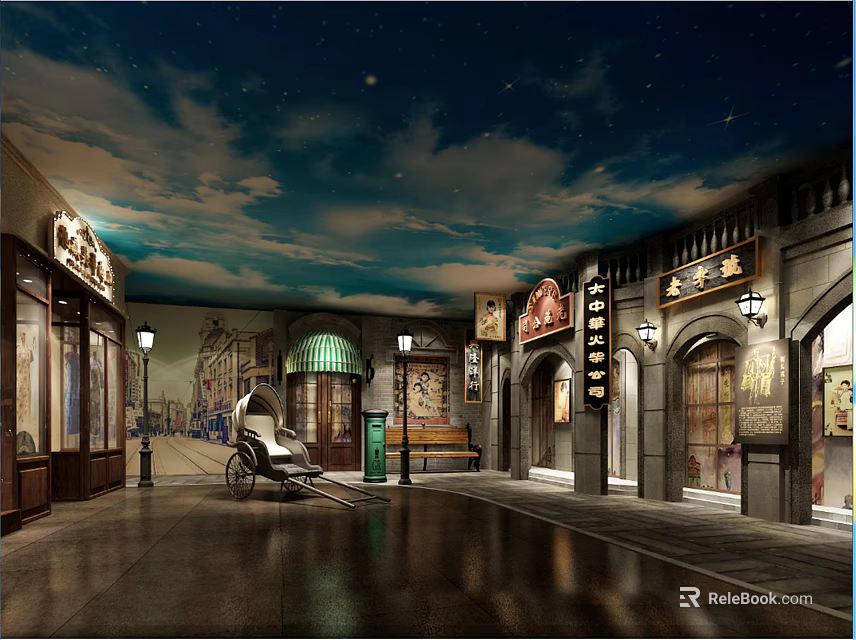 Cultural Center Interior Featuring Vintage Street Shops Horse Carriage Street Lamps And Starry Ceiling 3d model 