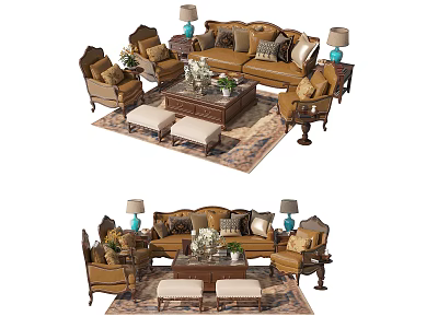 Traditional Sofa and Coffee Table Set With Armchairs Decorative Pillows Table Lamps And Area Rug 3d model