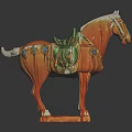 Traditional Tri Color Glazed Ceramic Horse Artwork With Green Saddle And Orange Body