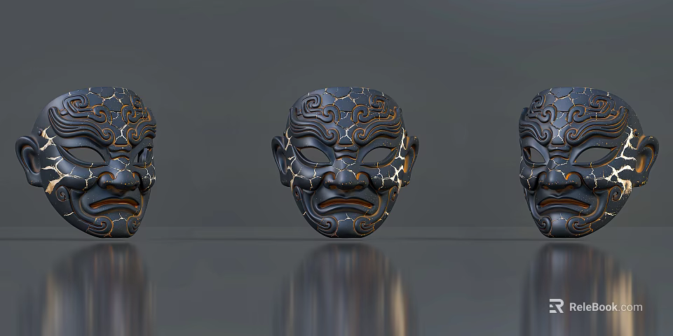Three Black Masks With Gold Patterns And Different Expressions On Gray Platform 3d model 