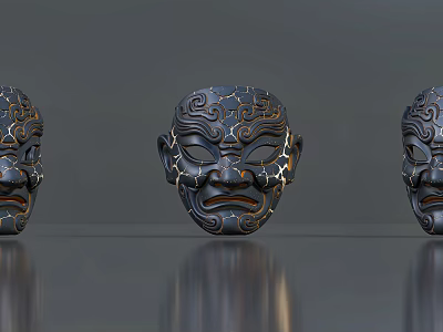 Three Black Masks With Gold Patterns And Different Expressions On Gray Platform 3d model