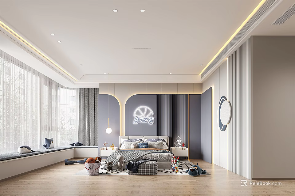 Modern Kids Room Interior Design With Bed Rug Toys Wall Decor And Wooden Floor 3d model 