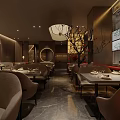 Elegant Restaurant Interior With Dining Tables Chairs Wall Art Decorative Plants And Pendant Lights