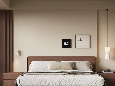 Modern Double Bed Bedroom Setup With Wooden Headboard Nightstands Lamps And Wall Art 3d model