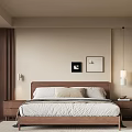 Modern Double Bed Bedroom Setup With Wooden Headboard Nightstands Lamps And Wall Art