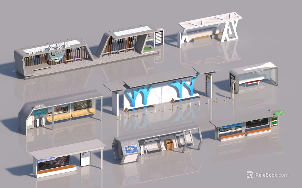 Modern Bus Stop Designs With Various Shelters Seating And Information Boards 3d model 