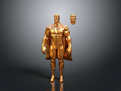 Golden Muscular Man Statue with Cape and Separate Head on Dark Background 3d model