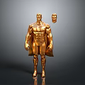 Golden Muscular Man Statue with Cape and Separate Head on Dark Background