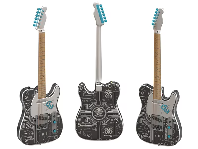 Stylish Electric Guitars with Artistic Circuit Board Design Patterns and Blue Knobs 3d model