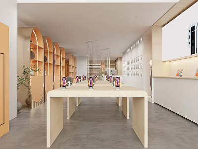 Modern Digital Store Interior With Long Display Tables Digital Products And Curved Shelves 3d model