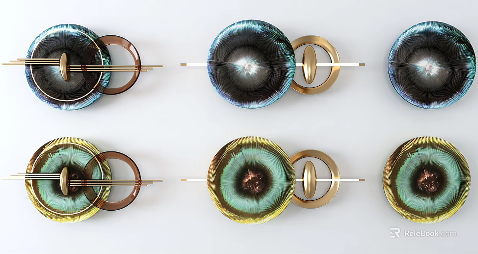 Modern Iridescent Circular Wall Decor With Metallic Frames And Ceramic Discs Arranged 3d model
