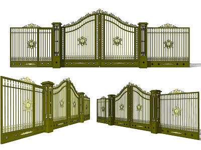 Wrought Iron Entrance Gate With Green Finish Ornate Carvings And Symmetrical Side Fences 3d model