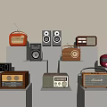 Vintage Radios And Audio Devices Displayed On Gray Stands With Light Colored Walls