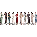 Group of Women Wearing Traditional Cheongsam With Various Colorful Styles