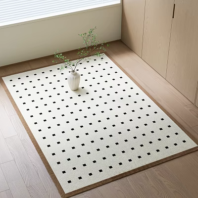 Square Rug With Black Squares In Minimalist Interior With Potted Plant 3d model