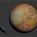 Orange And White Planet With Swirled Patterns And Broken Spaceship Debris