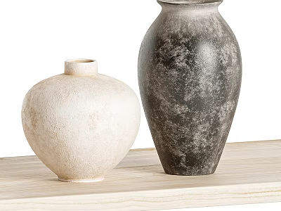 Textured Ceramic Vases In White And Dark Tones On Wooden Table 3d model