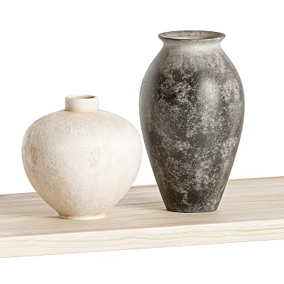 Textured Ceramic Vases In White And Dark Tones On Wooden Table 3d model