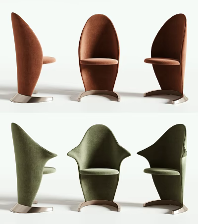 Modern Leisure Chairs In Brown And Green Velvet With Curved Backrest And Metal Base 3d model
