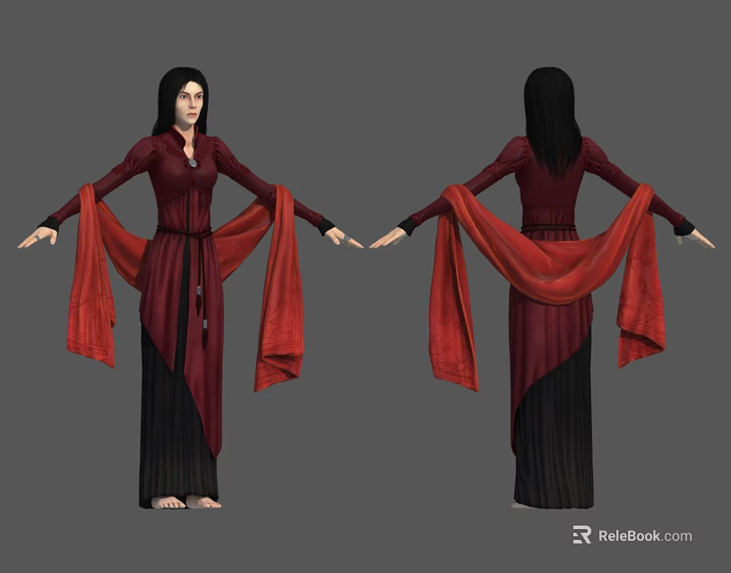 Detailed Fantasy Character Wearing Red Black Robe With Flowing Sleeves Front Back View 3d model 
