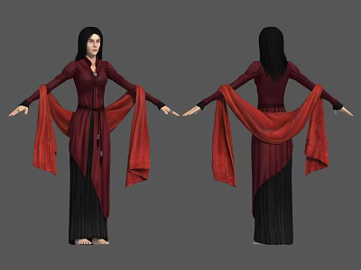 Detailed Fantasy Character Wearing Red Black Robe With Flowing Sleeves Front Back View 3d model