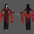 Detailed Fantasy Character Wearing Red Black Robe With Flowing Sleeves Front Back View