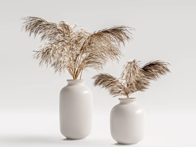 White Ceramic Vases With Dried Pampas Grass In Minimalist Neutral Background 3d model