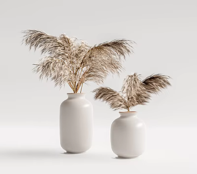 White Ceramic Vases With Dried Pampas Grass In Minimalist Neutral Background 3d model