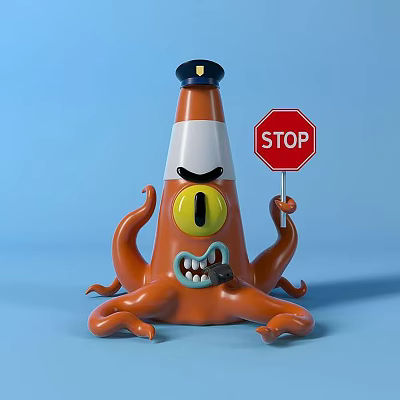 Traffic Cone Sculpture With Black Hat Yellow Eye Angry Expression Octopus Tentacles Holding Stop Sign 3d model