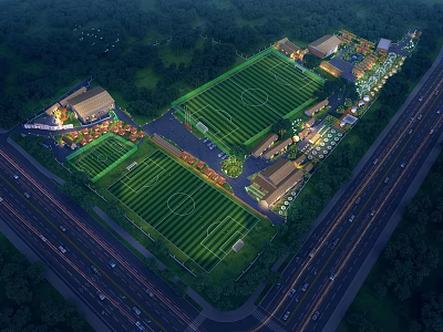 Aerial Planning of Sports Complex With Multiple Football Fields Buildings Roads Greenery and Lighting 3d model