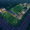 Aerial Planning of Sports Complex With Multiple Football Fields Buildings Roads Greenery and Lighting
