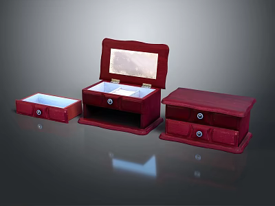 Red Jewelry Display Shelves with Open Case Mirror Drawers and Metal Clasps 3d model