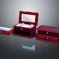 Red Jewelry Display Shelves with Open Case Mirror Drawers and Metal Clasps