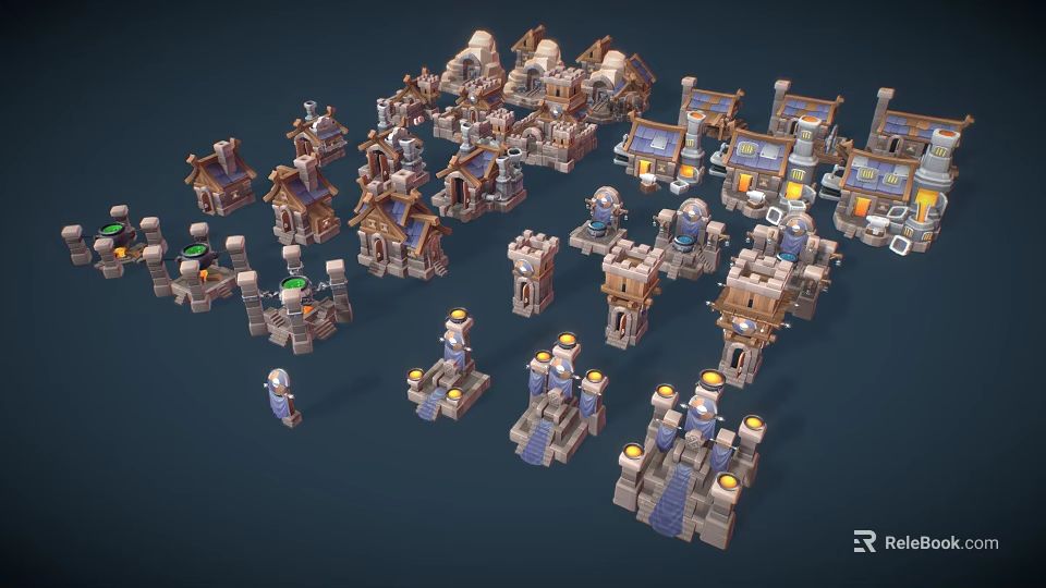 Pixel Style 3D Building Models With Various Small Houses Towers Castles And Lit Lights 3d model 