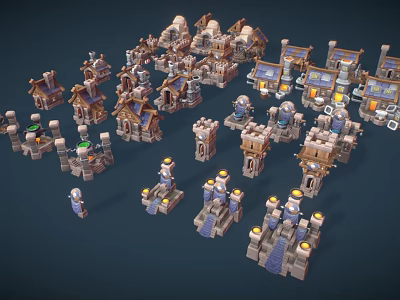 Pixel Style 3D Building Models With Various Small Houses Towers Castles And Lit Lights 3d model