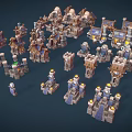 Pixel Style 3D Building Models With Various Small Houses Towers Castles And Lit Lights