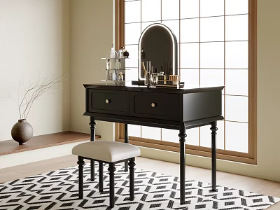 Black Vanity Table With Mirror Drawers And White Cushion Stool On Geometric Rug 3d model
