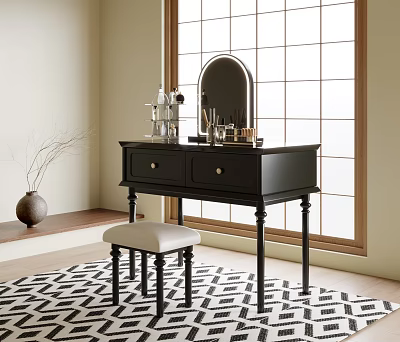 Black Vanity Table With Mirror Drawers And White Cushion Stool On Geometric Rug 3d model