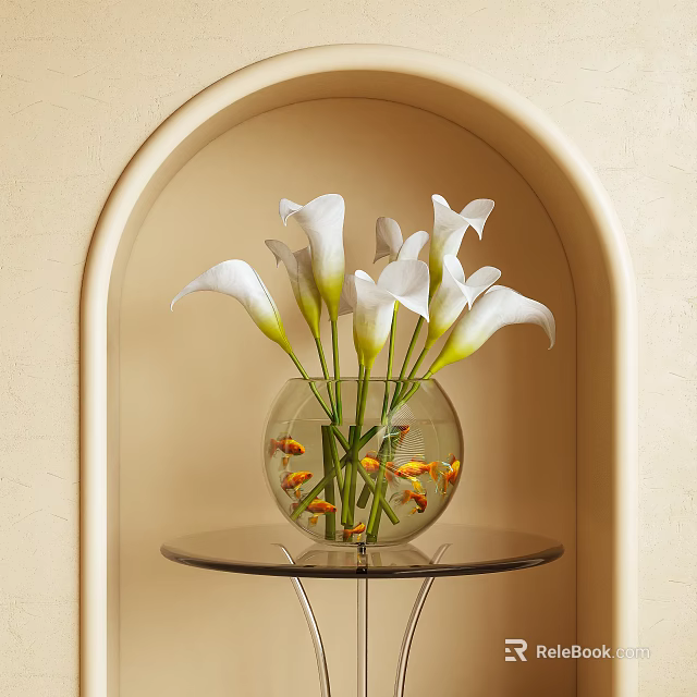 White Calla Lilies In Round Glass Vase With Goldfish On Glass Table Against Arched Wall 3d model 
