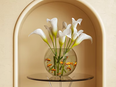 White Calla Lilies In Round Glass Vase With Goldfish On Glass Table Against Arched Wall 3d model