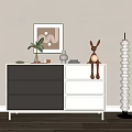 Entryway Cabinet Sideboard Featuring Brown White Rabbit Doll Vase Candle Wall Painting And Side Pillar
